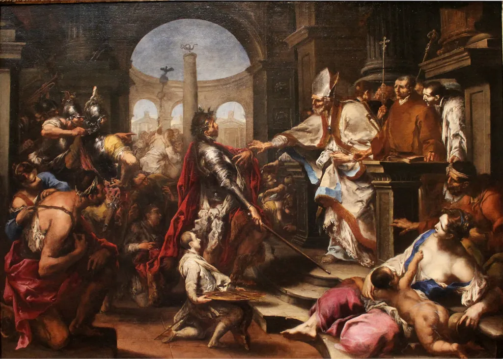 Theodosius Repulsed from the Church by Saint Ambrose, by Alessandro Magnasco, oil, 1705