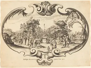 Design for a Fan: Courtly Figures in a Landscape, by Noël Cochin, ink, 1601