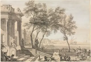 Fantastic Harbor Scene with Architecture and Figures, by Isaac de Moucheron, 1713
