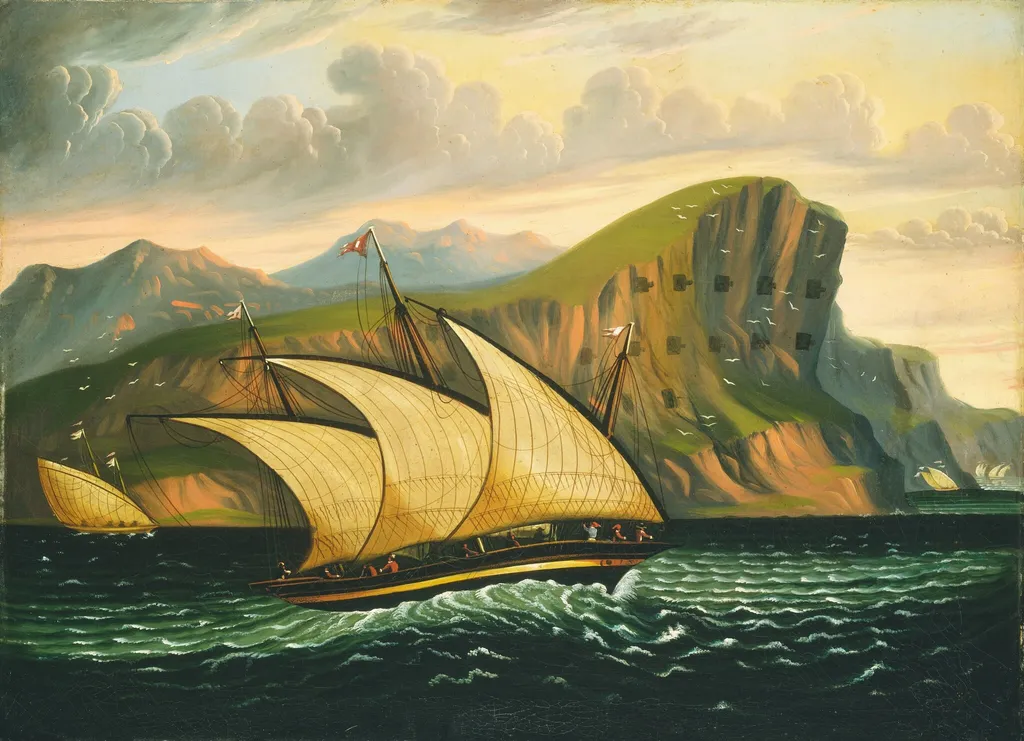 Felucca off Gibraltar, by Thomas Chambers, oil, 1850