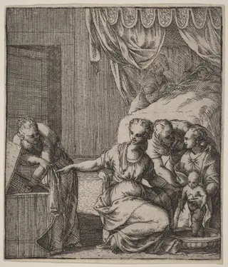 The Birth of the Virgin, by Giovanni Battista Fontana, ink, 1556