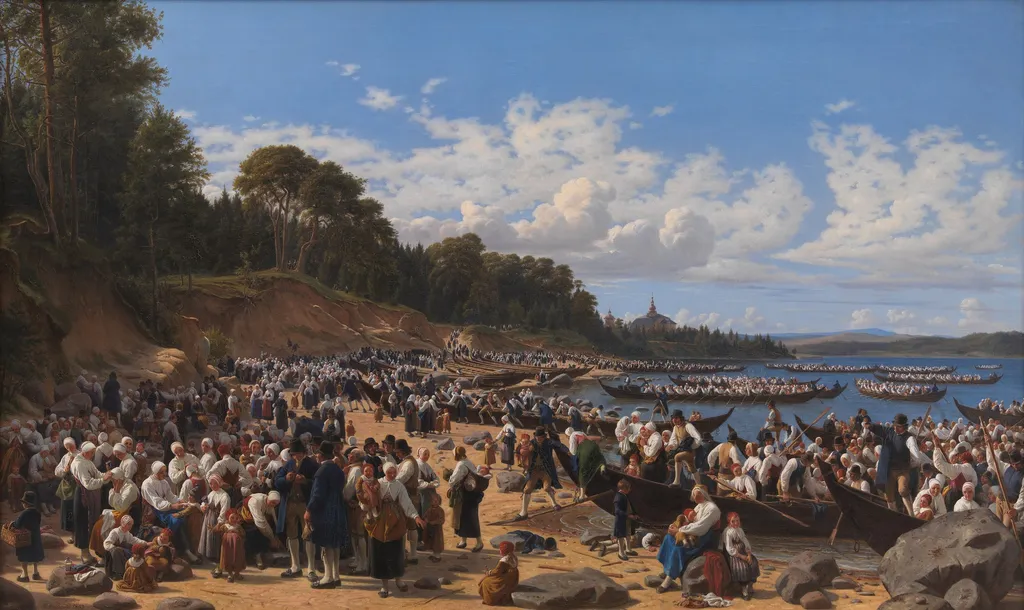 Church-Goers Arriving by Boat at the Parish Church of Leksand on Siljan Lake, Sweden, by Wilhelm Marstrand, oil, 1853