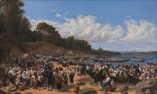 Church-Goers Arriving by Boat at the Parish Church of Leksand on Siljan Lake, Sweden, by Wilhelm Marstrand, oil, 1853