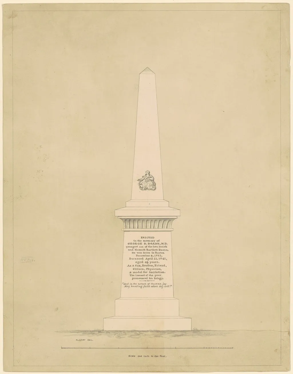 Design for a Monument in Memory of George B. Doane, by Alpheus Cary, ink, 1843