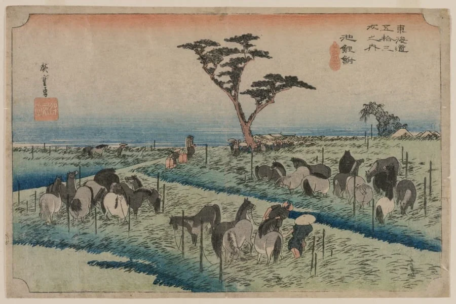 The Fifty-Three Stations of the Tokaido: Chiryu, detail