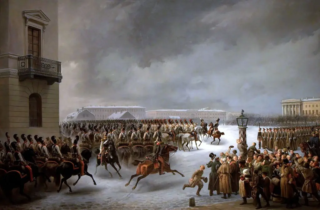 Life Guards Horse Regiment During the Uprising of December 14, 1825 at the Senate Square, by Vasily Timm, oil, 1853