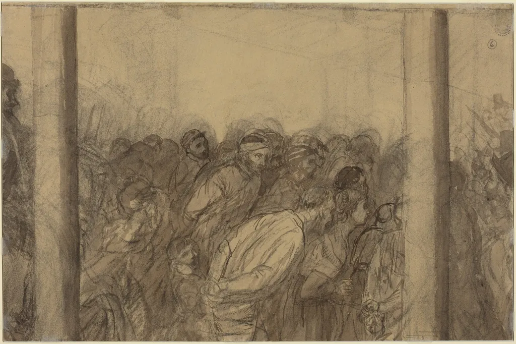 Crowd of People Seen between Two Columns [verso], by Alphonse Legros, chalk, 1874