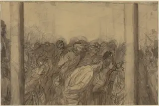 Crowd of People Seen between Two Columns [verso], by Alphonse Legros, chalk, 1874
