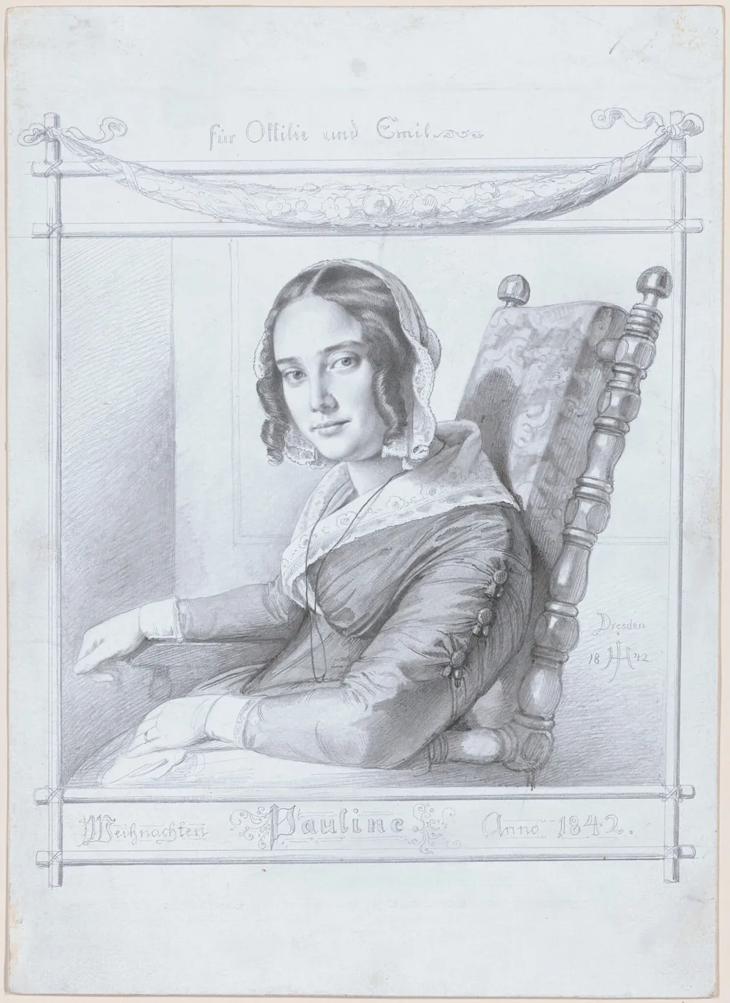 Pauline, the Wife of the Artist, by Julius Hübner, graphite, 1842