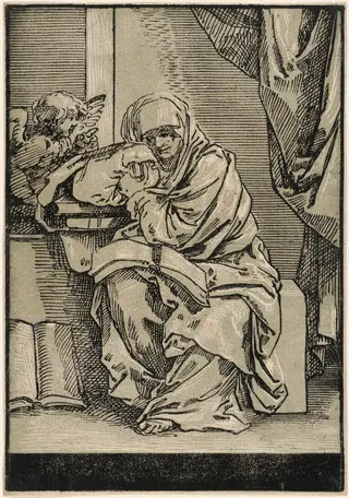 Sibyl with a Book and Winged Putto to the Left, by Bartolomeo Coriolano, ink, 1725
