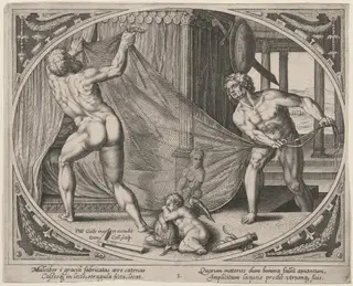 Vulcan Hanging an Iron Net above the Bed, by Hans the Younger Collaert, ink, 1580