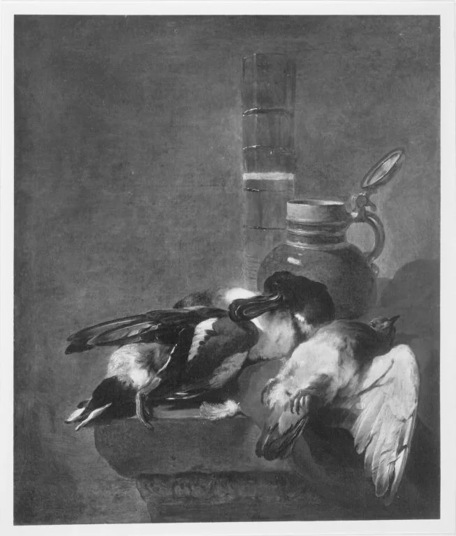 Stillleben mit totem Geflügel, Deckelkrug und Passglas, detail