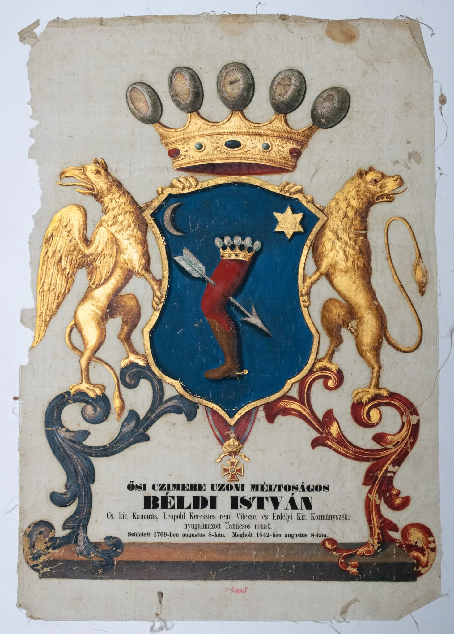 Blazonul funerar al unui membru din familia Béldi din Uzon, detail