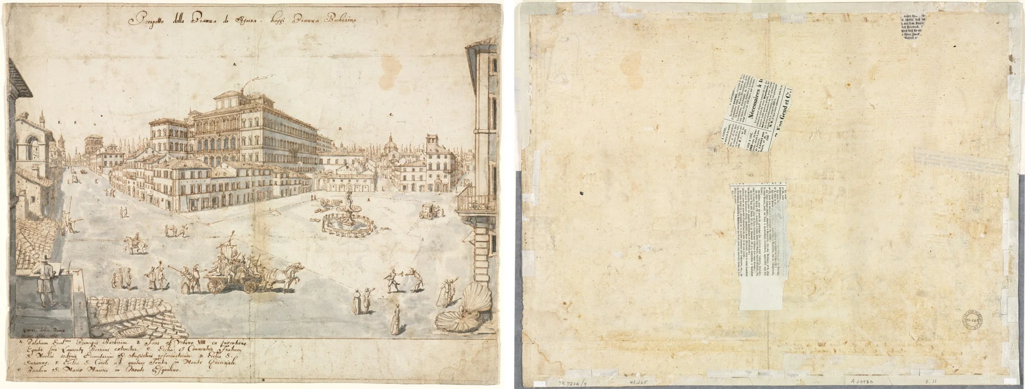Eighteen Views of Rome: The Piazza Barberini (recto); Tracing of a Fountain from recto and Sketches of Two Faces (verso), detail