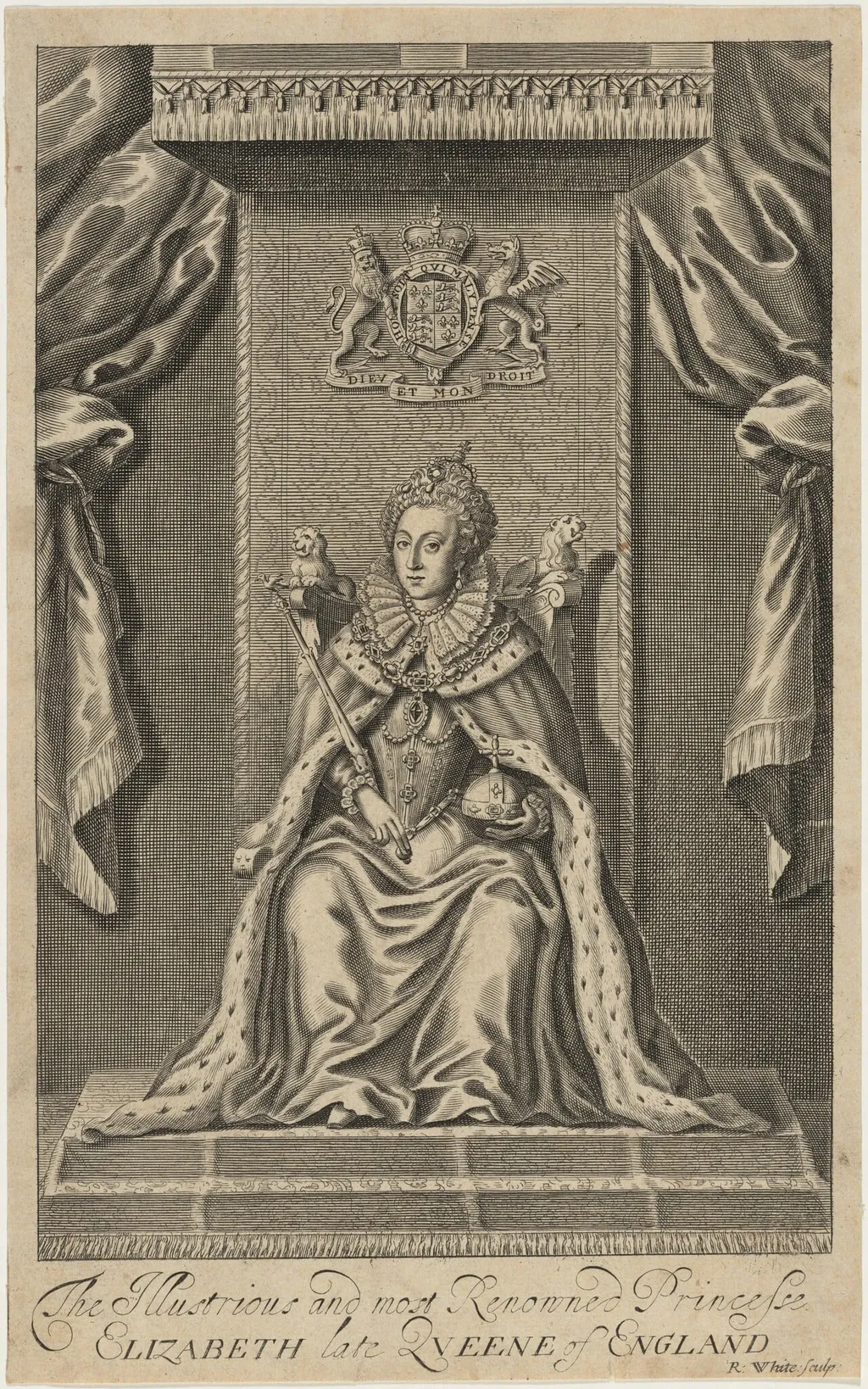 Queen Elizabeth Enthroned, by Robert White, ink, 1674