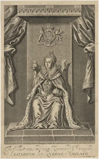 Queen Elizabeth Enthroned, by Robert White, ink, 1674