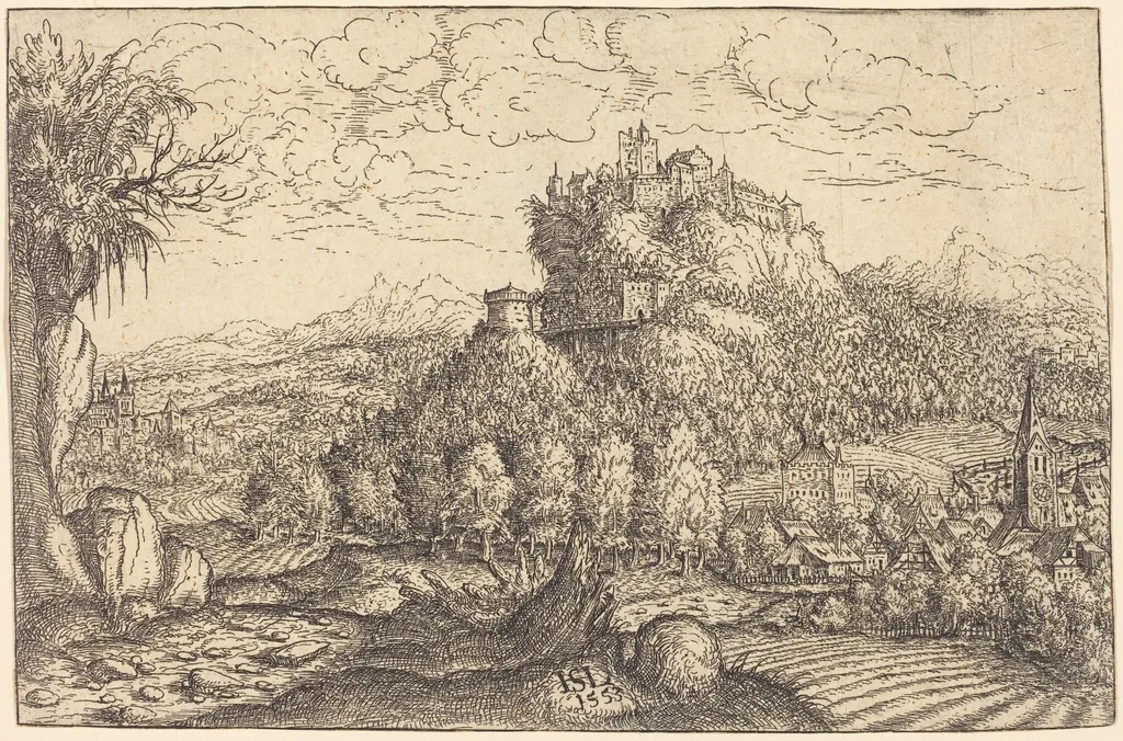 Landscape with a Castle in the Center, by Hanns Lautensack, ink, 1553