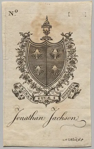 Bookplate:  Coat of Arms with Jonathan Jackson inscribed, by Nathaniel Hurd, 1764