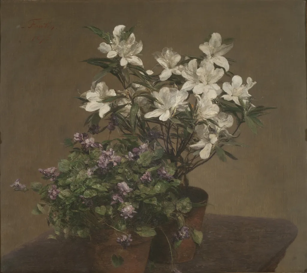 Violettes et azalées (Violetas y azaleas), by Henri Fantin-Latour, oil, 1875