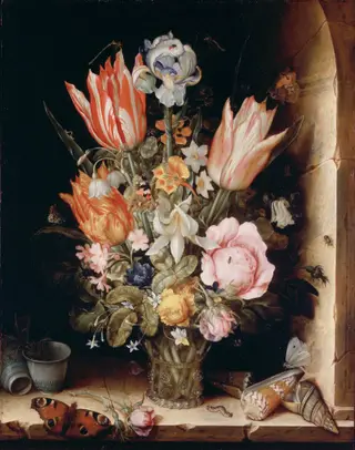 Still Life with Flowers in a Vase, by Christoffel van den Berghe, oil, 1617