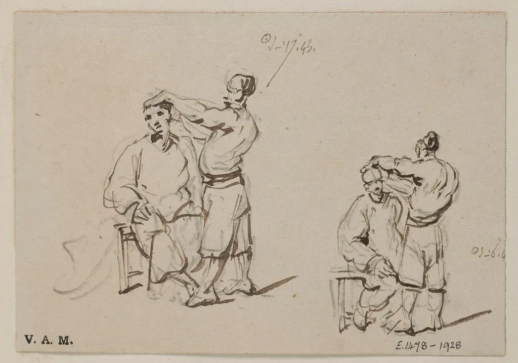 Two drawings of a Chinese barber and customer, by George Chinnery, 6