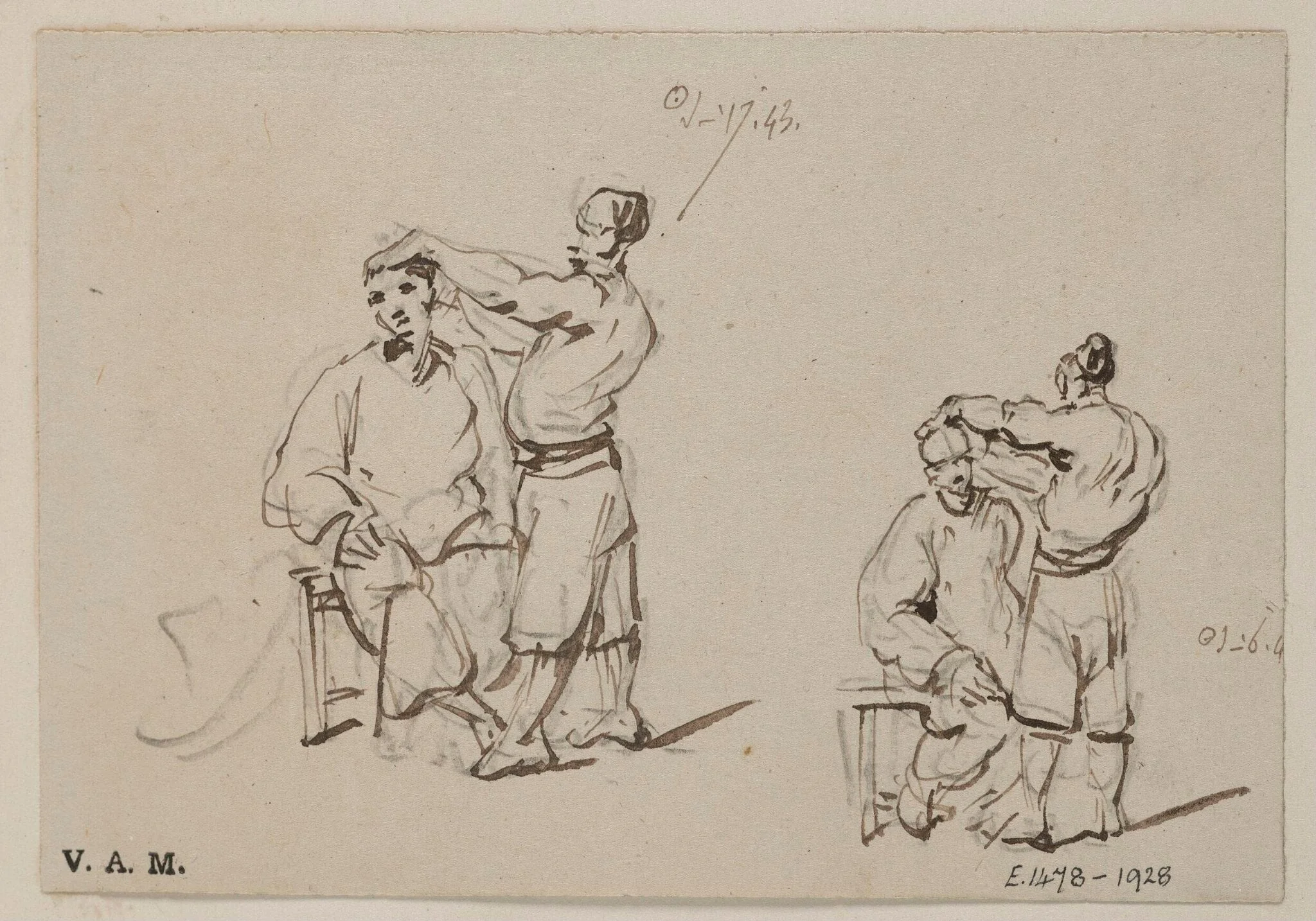 Two drawings of a Chinese barber and customer, detail