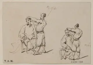 Two drawings of a Chinese barber and customer, by George Chinnery, 6