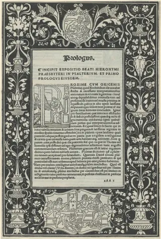 A White Line Border with Two Cartouches: "A Satyr Sacrificing a Ram," and "The Choice of Hercules", by Benedetto Bordon, ink, 1498