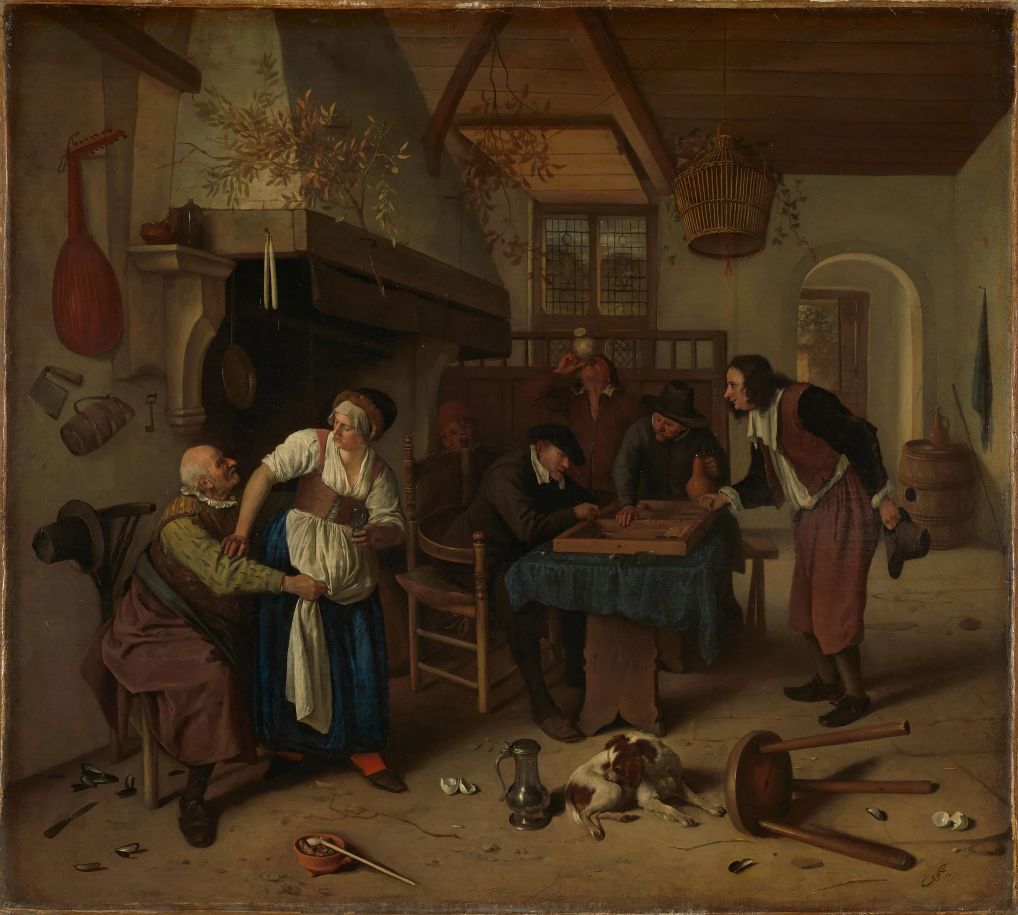 Interior of an inn with an old man amusing himself with the landlady and two men playing backgammon, known as 'Two kinds of games', detail