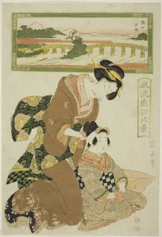 Evening Glow at Seta (Seta sekisho), from the series "Fashionable Eight Views of Omi (Furyu Omi hakkei)", by Kikukawa Eizan, unspecified, 1815