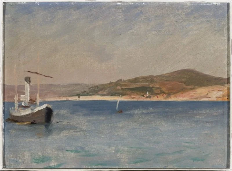 Sea with a ship at the coast. From the journey to Constantinople, detail