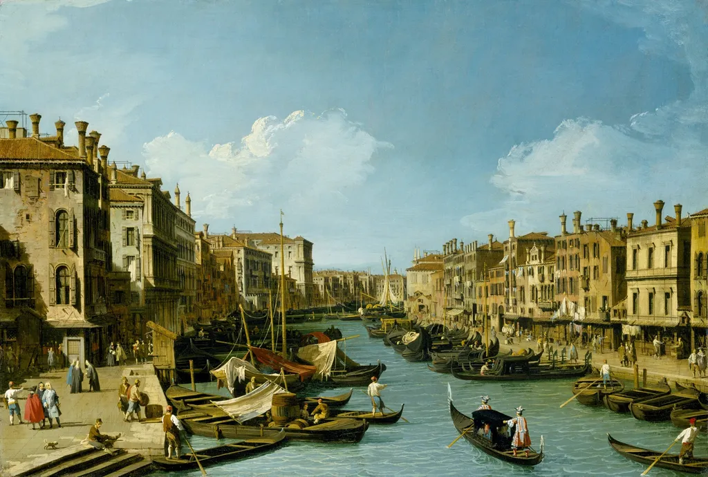 The Grand Canal near the Rialto Bridge, Venice, by Canaletto, oil, 1728