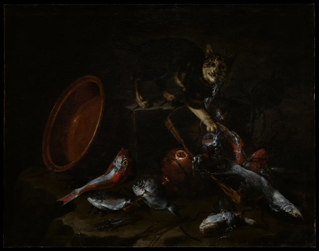 A Cat Stealing Fish, by Giuseppe Recco, oil, 1660