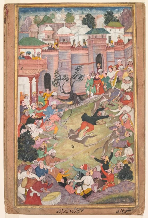The game of wolf-running in Tabriz, from an Akbar-nama (Book of Akbar), detail