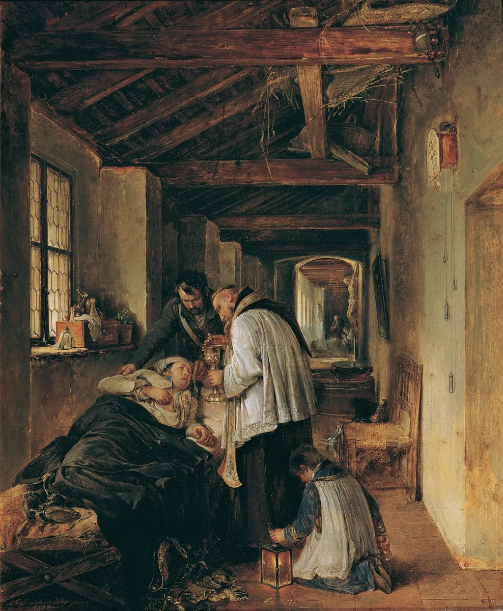 Einem verwundeten Offizier wird die letzte Ölung erteilt, by Albert Schindler, oil, 1834