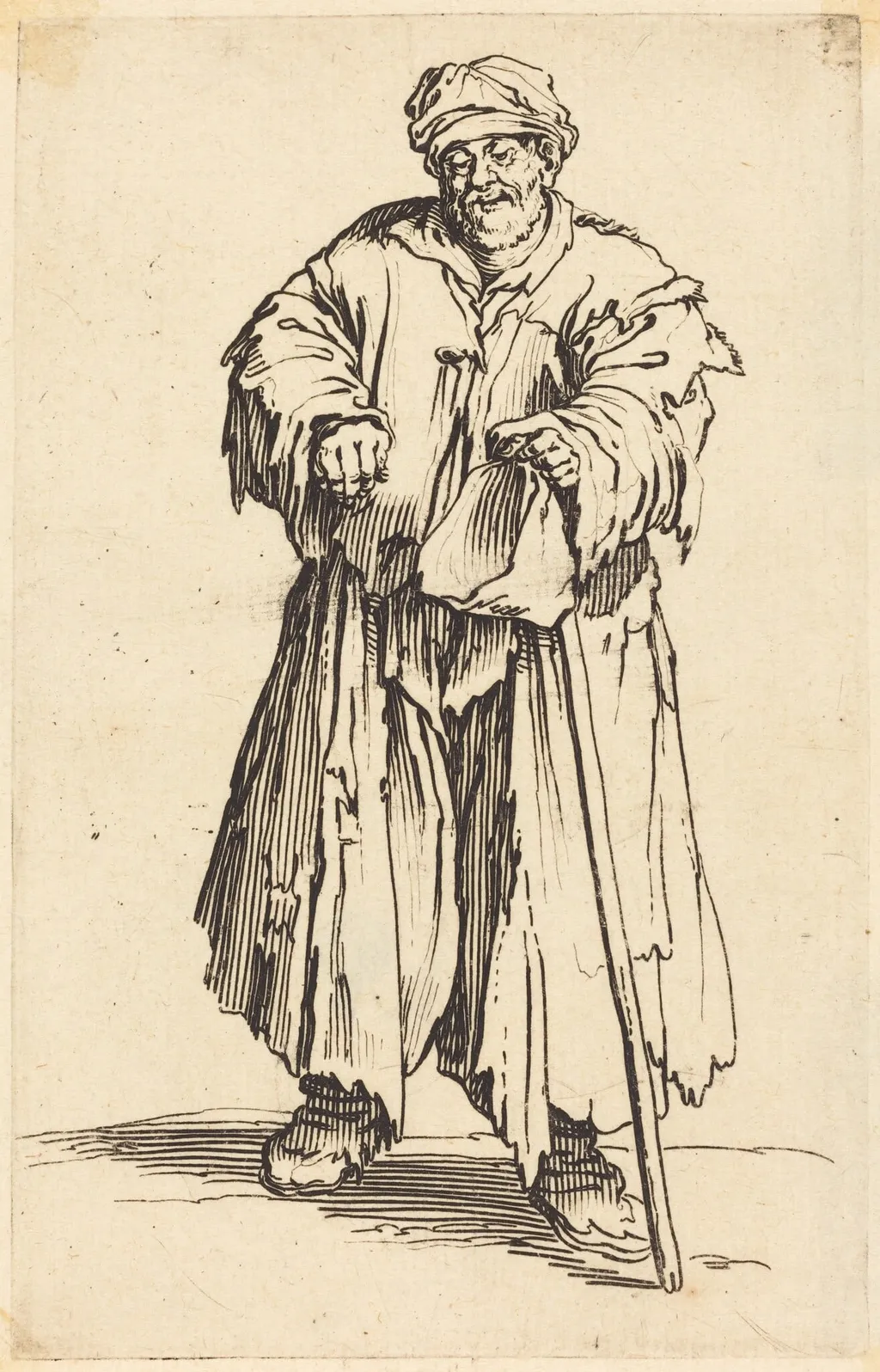 Fat Beggar with Eyes Cast Down, by Jacques Callot, ink, 1622