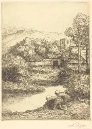 Wash-house, called "The Washerwomen" (Le lavoir, dite "Les Laveuses"), by Alphonse Legros, ink, 1874