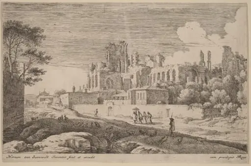 Landscape with Ruins and a Woman with a Parasol, by Herman van Swanevelt, ink, 1628