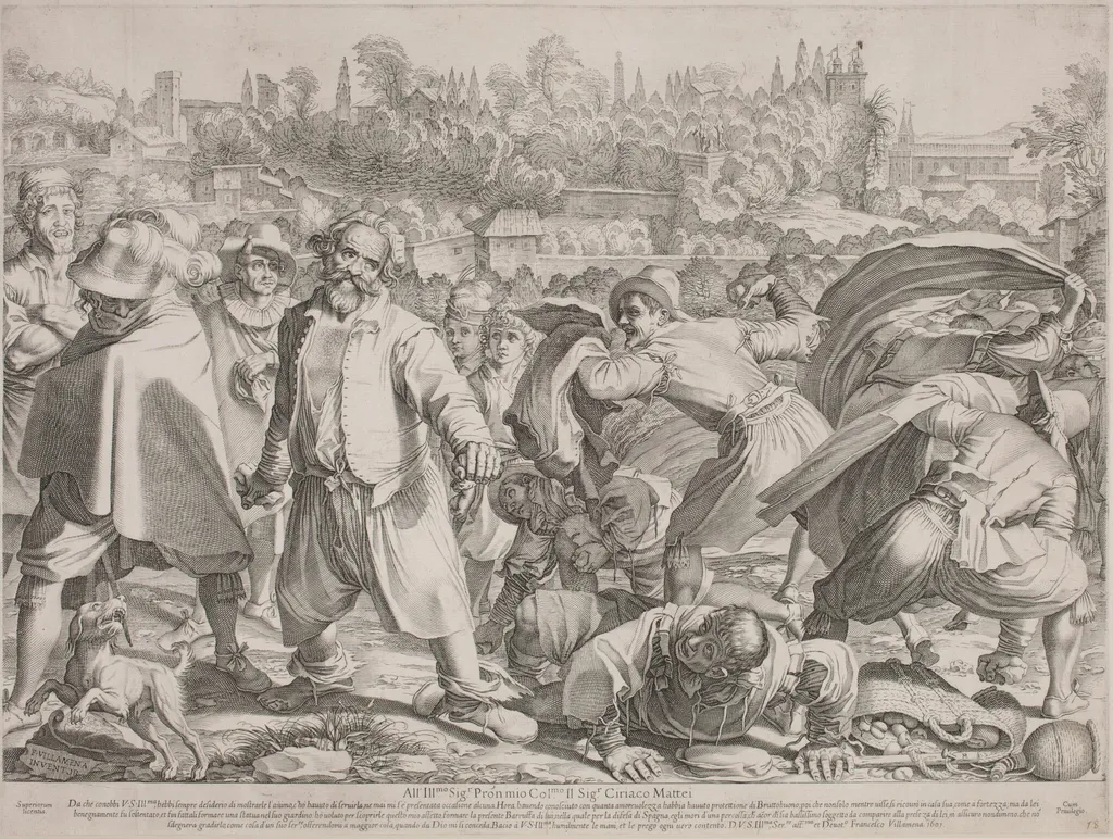 Brutto Buono Stoned by His Enemies, by Francesco Villamena, ink, 1595