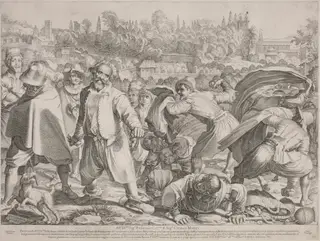 Brutto Buono Stoned by His Enemies, by Francesco Villamena, ink, 1595