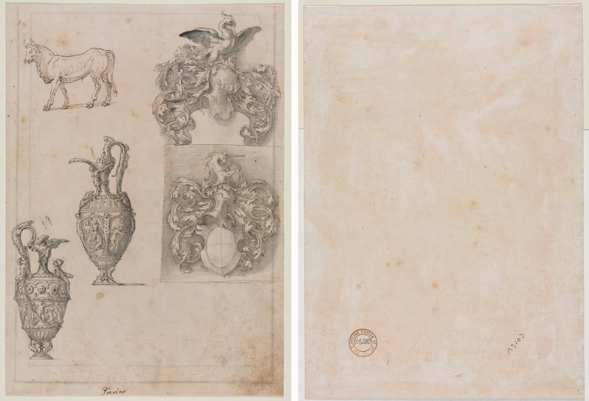 Design for Two Vases, Two Coats of Arms, and a Bull (recto) Several Line Borders (verso), detail