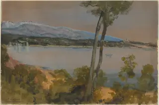 Mountains Seen beyond a Lake, by Alphonse Legros, gouache, 1874