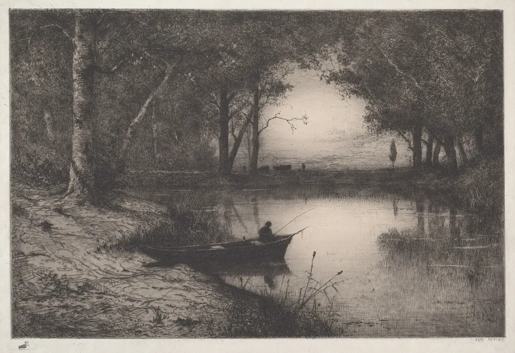 Pêcheur en Canot, au bord d'une Rivière (Fisherman in a Boat), by Adolphe Appian, ink, 1887