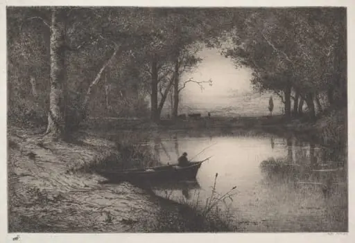 Pêcheur en Canot, au bord d'une Rivière (Fisherman in a Boat), by Adolphe Appian, ink, 1887