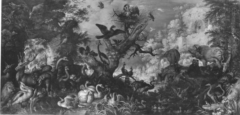 Vögel und Tiere in Felslandschaft, detail