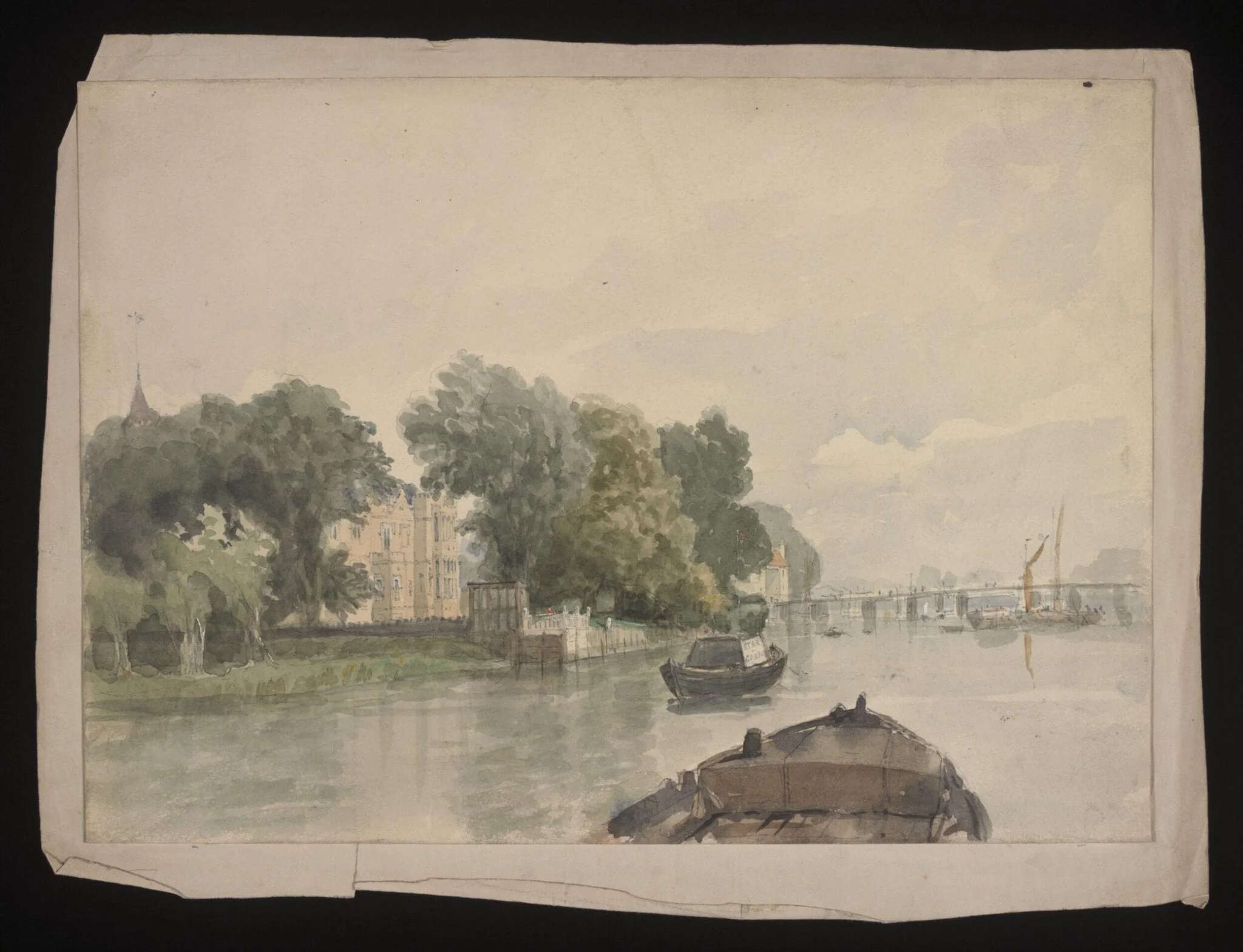 Watercolour drawing by the Grieve family, showing a scene on the River Thames, detail