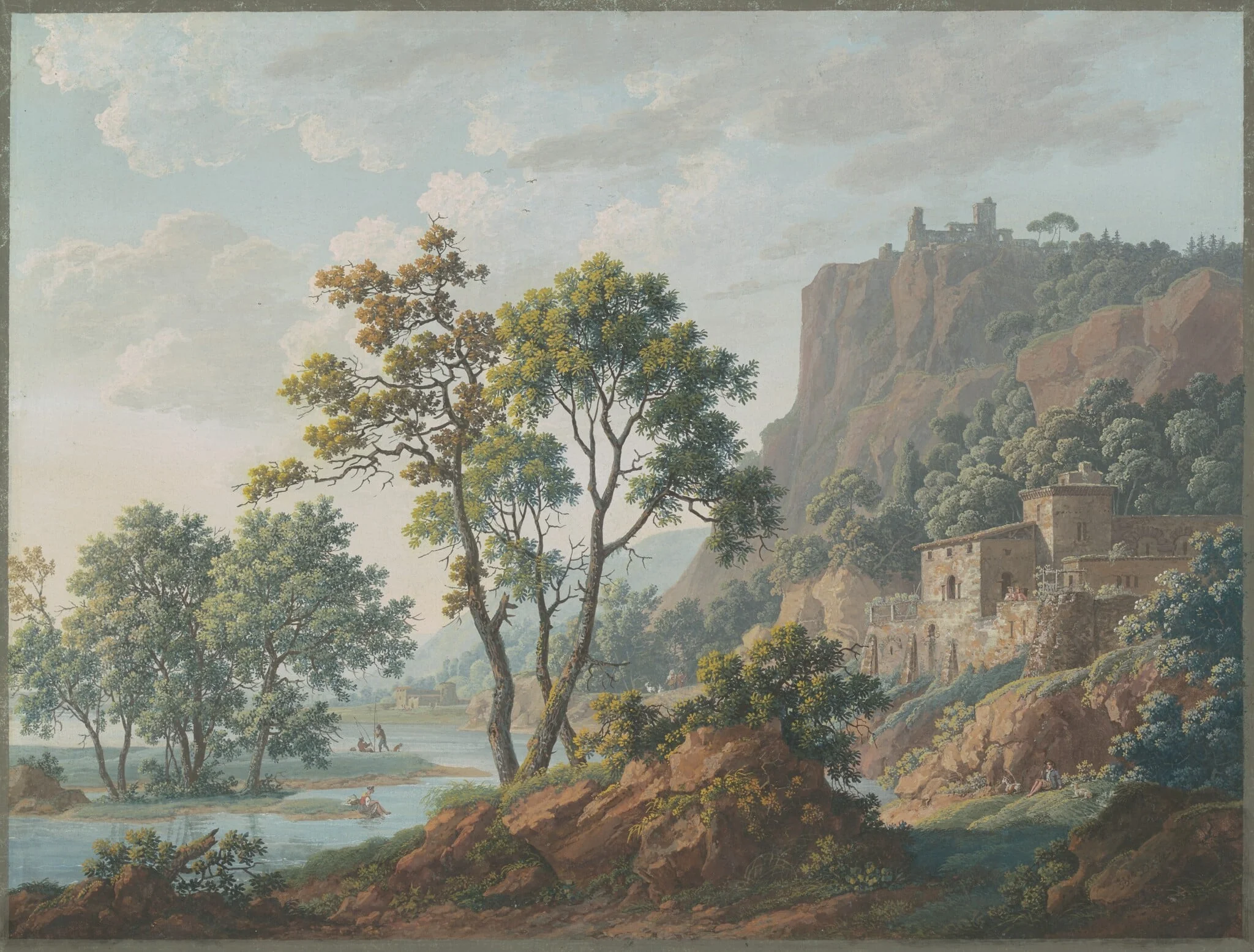 River Landscape with Castles and Fishermen, detail