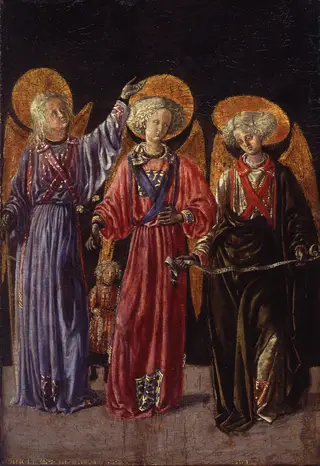 Three Archangels with the little Tobias, by Master of Pratovecchio, paint, 1450
