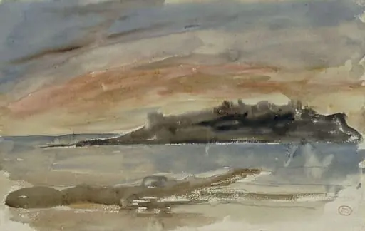 Saint-Malo, sunset, by Paul Huet, watercolor, 1864