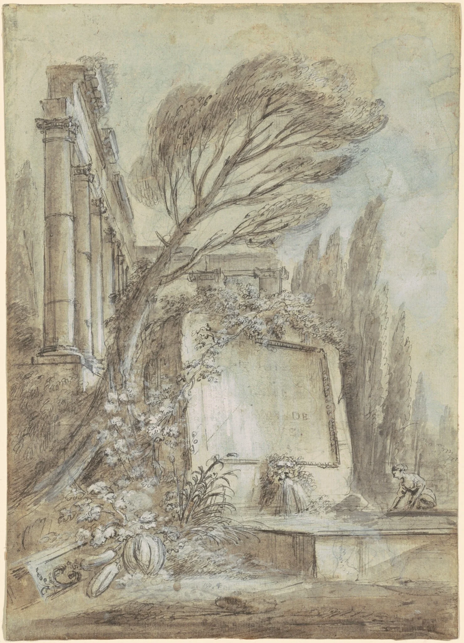Architectural Fantasy of Roman Ruins with an Inscription Plaque, detail